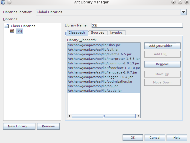 The SSJ library is selected in the Library Manager, and the right list of the dialog box shows the newly-added JARs in the library.